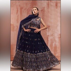 NWT Dark Blue Floral Embroidered Lehenga Set